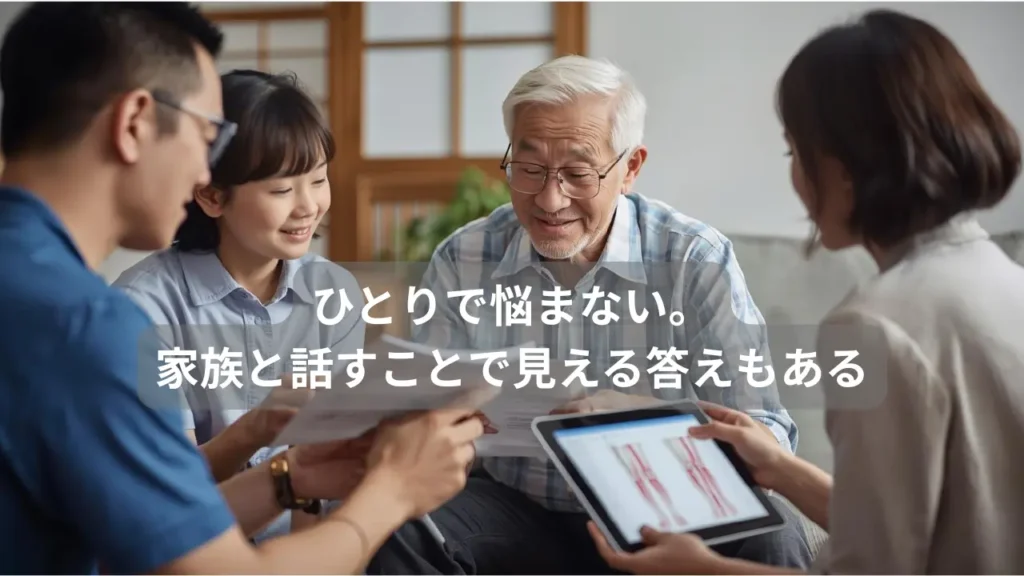 膝のサプリについて家族と相談する日本人シニア男性と孫