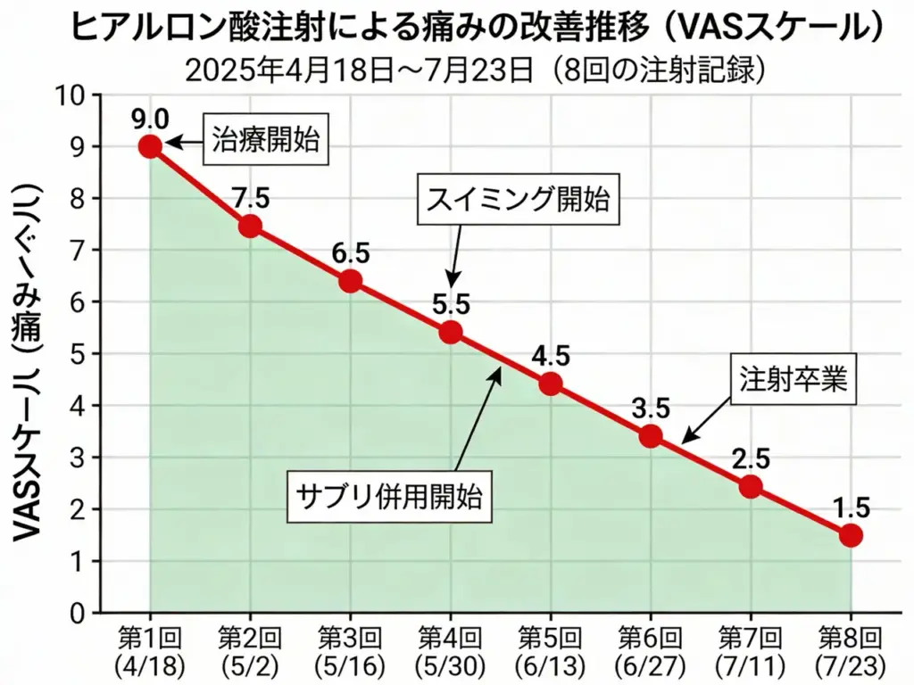 ヒアルロン酸注射 VAS推移 痛み改善 グラフデータ。私は毎回の注射日と痛みレベルを詳細に記録しました。