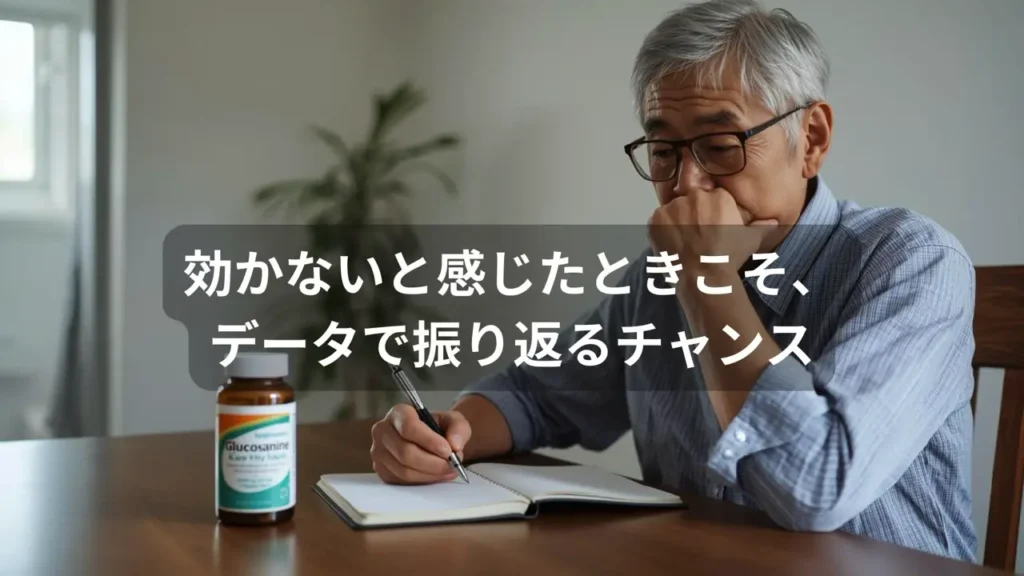 グルコサミンを飲み続けても膝の痛みが変わらず記録を見返す日本人シニア男性
