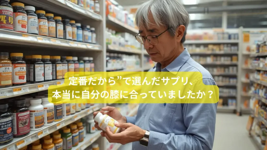 ドラッグストアでグルコサミンとコンドロイチンのサプリを真剣に選ぶ日本人シニア男性